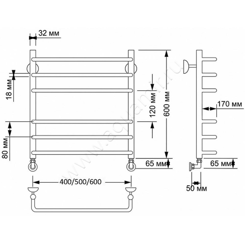 Полотенцесушитель латунный водяной Secado Мерида 3 4603777459888 размеры