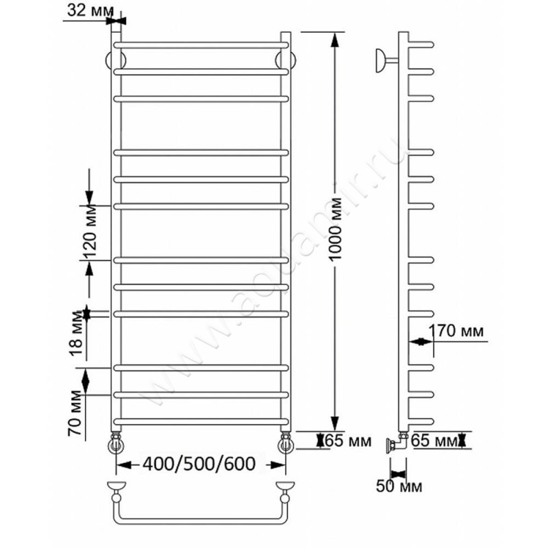 Полотенцесушитель латунный водяной Secado Мерида 3 4603777476939 размеры