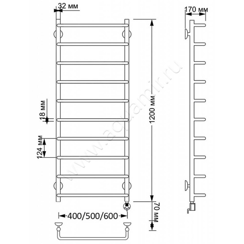 Полотенцесушитель латунный электрический Secado Мерида 1 4603777463731 размеры