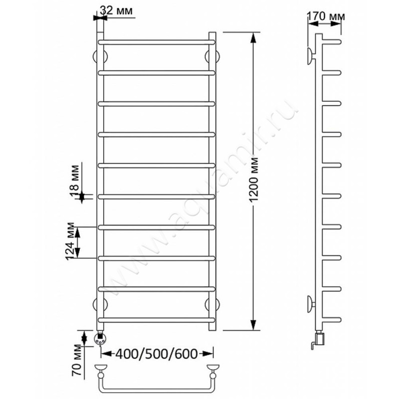 Полотенцесушитель латунный электрический Secado Мерида 1 4603777463731 размеры