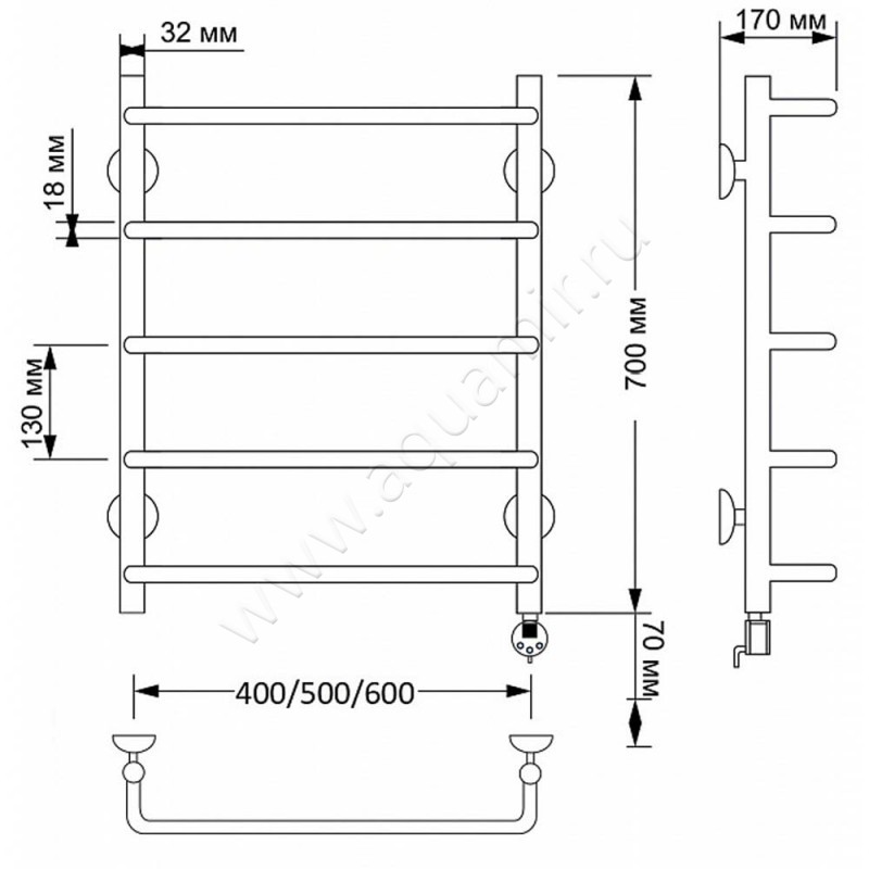 Полотенцесушитель латунный электрический Secado Мерида 1 4603777463618 размеры