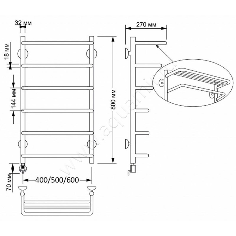 Полотенцесушитель латунный электрический Secado Мерида 2 4603777463755 размеры