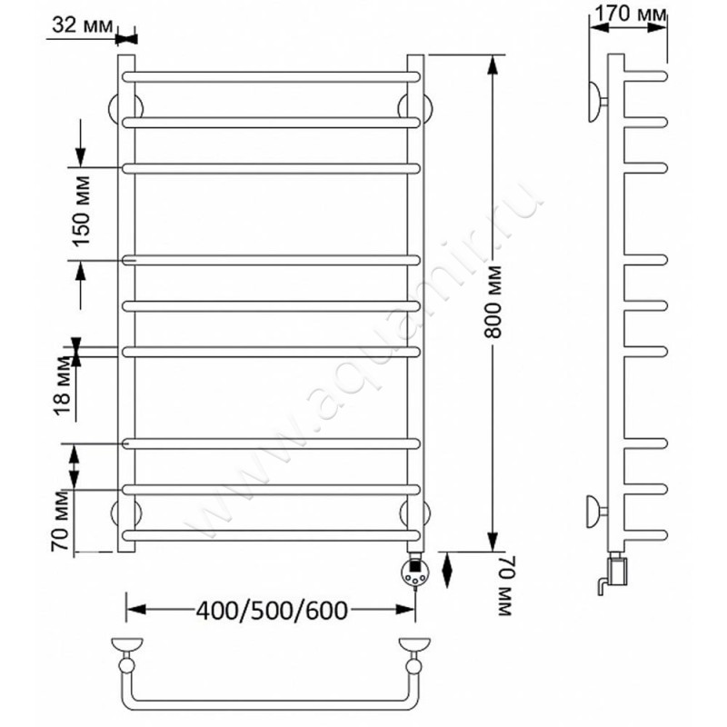Полотенцесушитель латунный электрический Secado Мерида 3 4603777478094 размеры