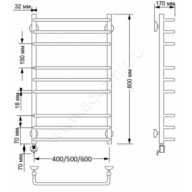 Полотенцесушитель латунный электрический Secado Мерида 3 4603777478094 размеры
