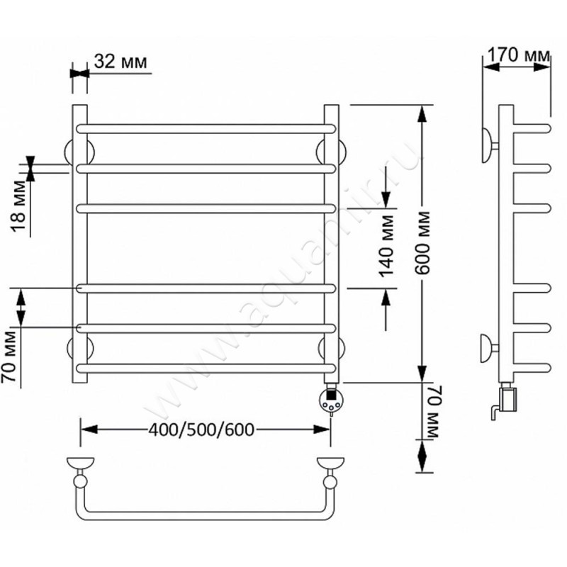 Полотенцесушитель латунный электрический Secado Мерида 3 4603777464004 размеры