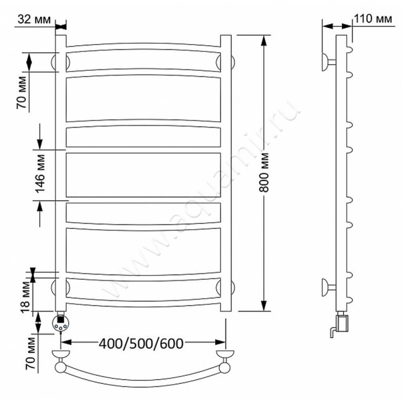 Полотенцесушитель латунный электрический Secado Милан 2 4603777463144 размеры