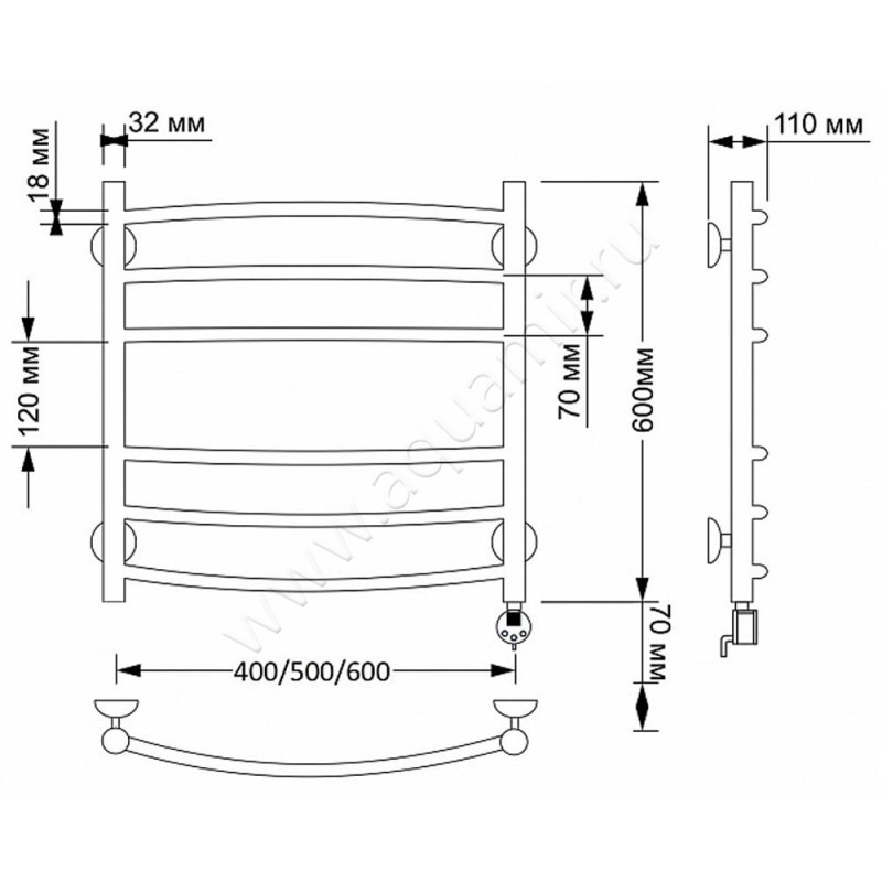 Полотенцесушитель латунный электрический Secado Милан 3 4603777463212 размеры