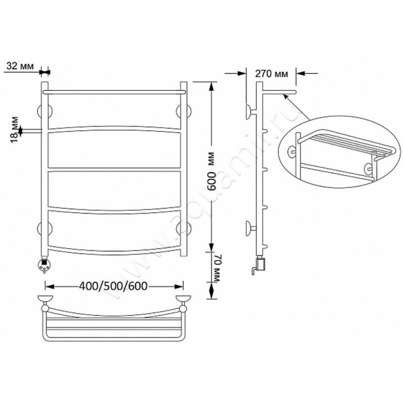 Полотенцесушитель латунный электрический Secado Милан 4 4603777469870 размеры