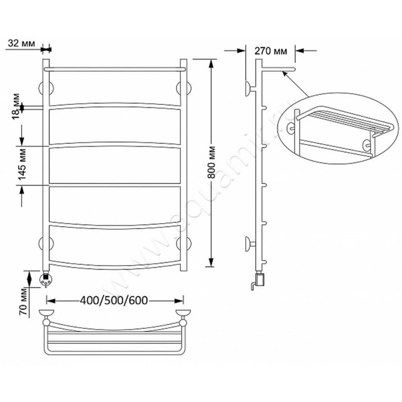 Полотенцесушитель латунный электрический Secado Милан 4 4603777463410 размеры