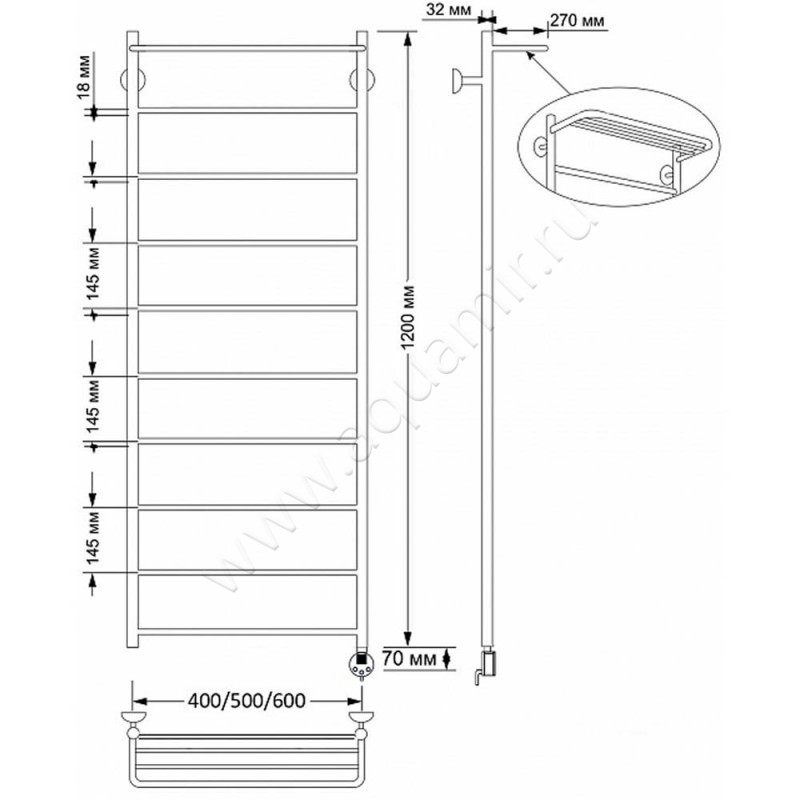 Полотенцесушитель латунный электрический Secado Триада 4 4603777469375 размеры
