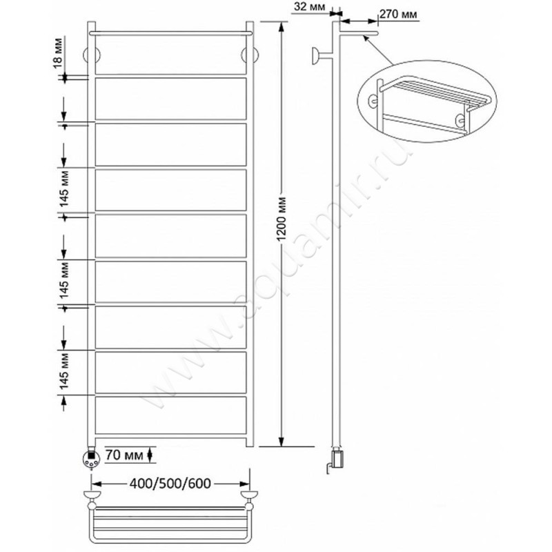 Полотенцесушитель латунный электрический Secado Триада 4 4603777469375 размеры