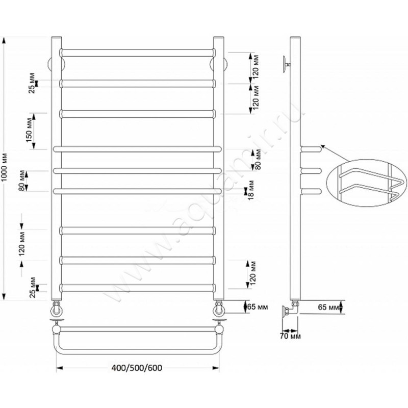 Полотенцесушитель латунный водяной Secado Триест 4603777477370 размеры