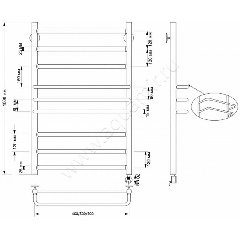 Полотенцесушитель латунный электрический Secado Триест 4603777478513 размеры