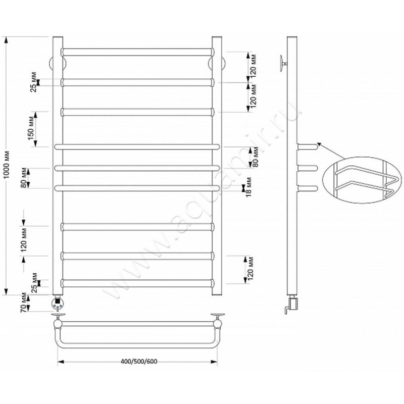 Полотенцесушитель латунный электрический Secado Триест 4603777478513 размеры