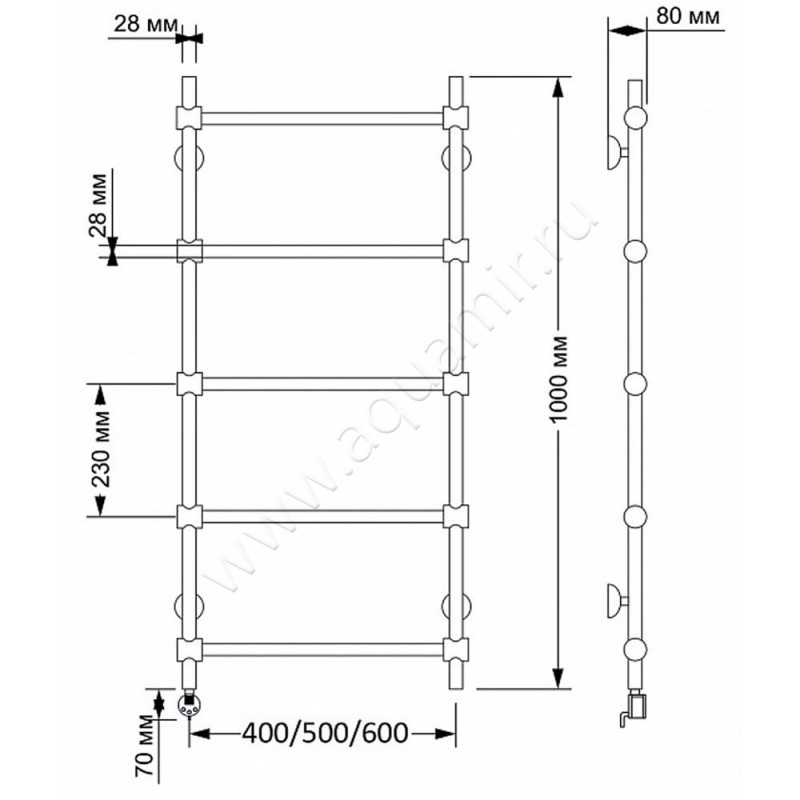 Полотенцесушитель латунный электрический Secado Флоренция 2 4603777465070 размеры