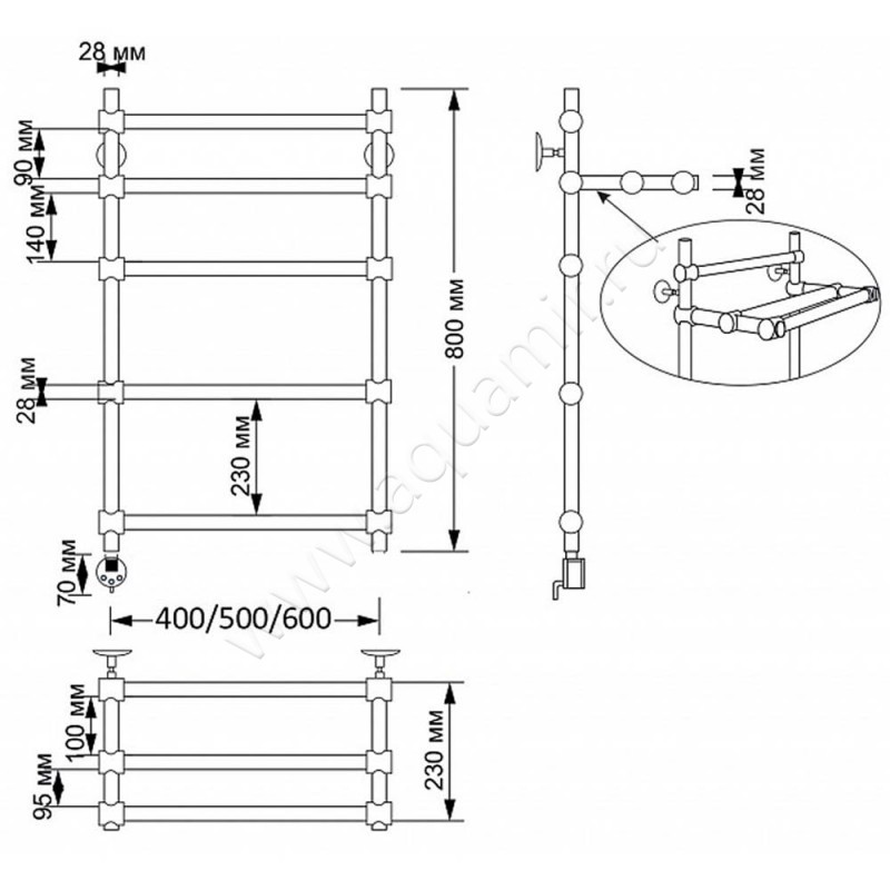Полотенцесушитель латунный электрический Secado Флоренция 3 4603777478643 размеры