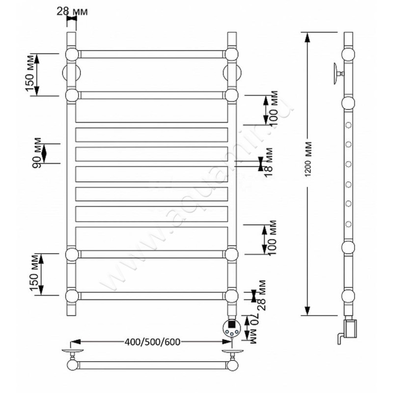 Полотенцесушитель латунный электрический Secado Флоренция 4 4603777470685 размеры