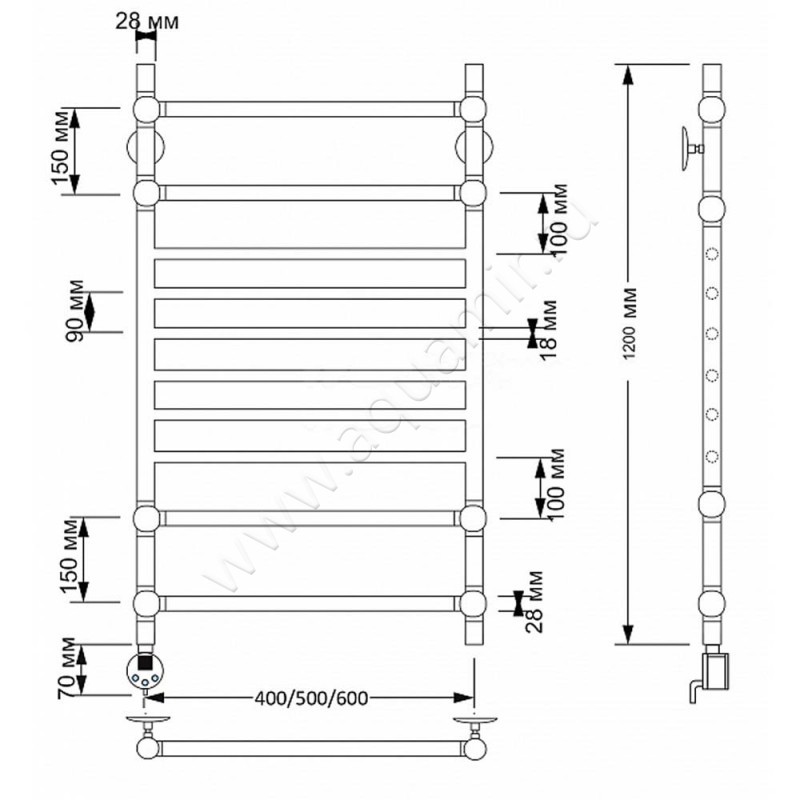 Полотенцесушитель латунный электрический Secado Флоренция 4 4603777470685 размеры
