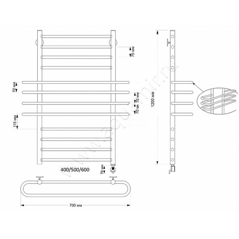 Полотенцесушитель латунный электрический Secado Палермо 4603777470388 размеры
