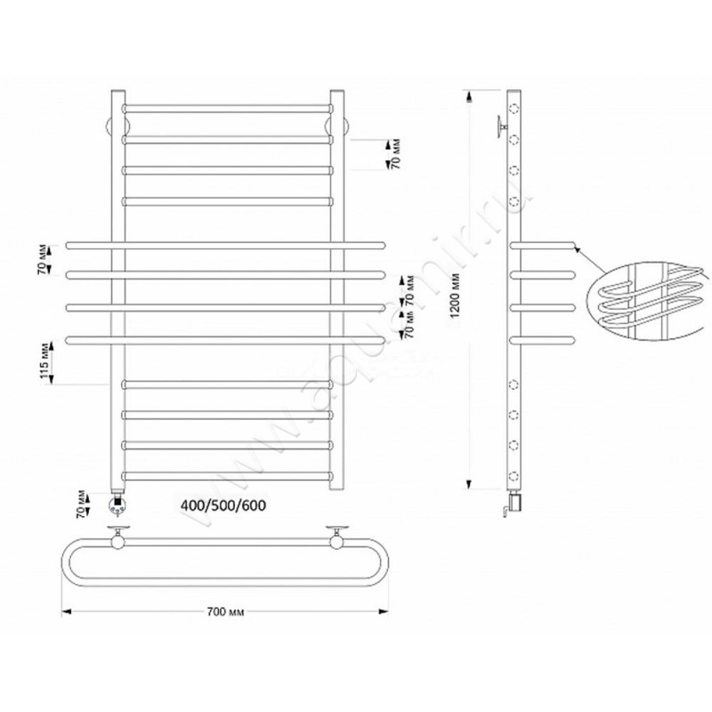 Полотенцесушитель латунный электрический Secado Палермо 4603777470388 размеры