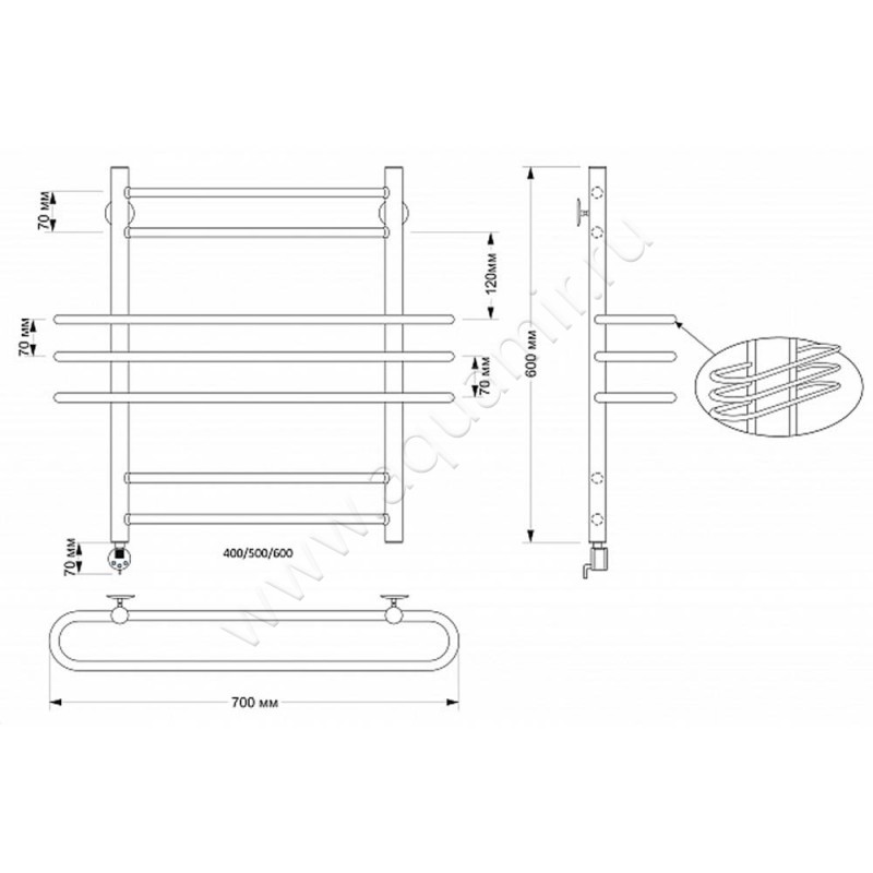 Полотенцесушитель латунный электрический Secado Палермо 4603777465919 размеры