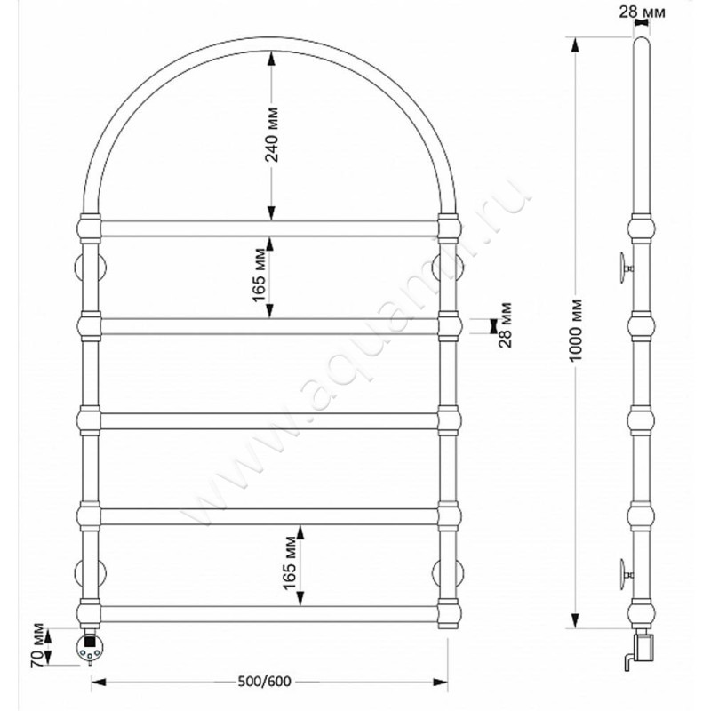 Полотенцесушитель латунный электрический Secado Римини 4603777478377 размеры