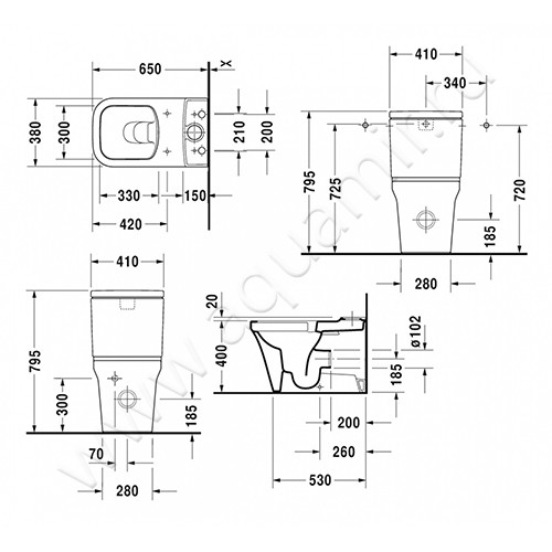 Унитаз-компакт Duravit P3 COMFORTS 2167090000 + 0937000005 + 0020490000 размеры