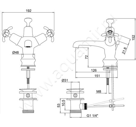 Смеситель для раковины Burlington Claremont T12-QT GOL размеры