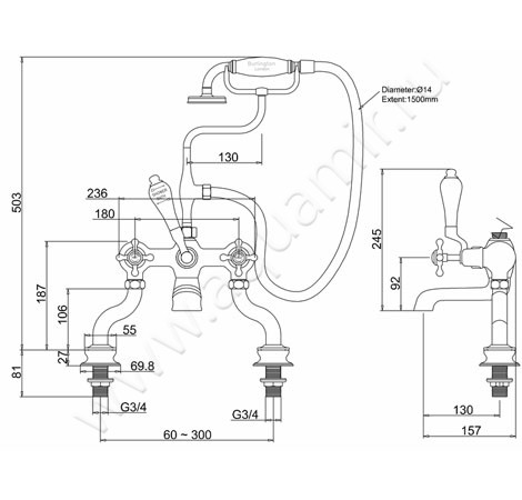 Смеситель для ванны Burlington Claremont Regent CLR15-QT размеры