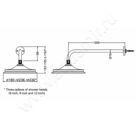 Верхний душ Burlington Taps V60/ARCV60 CHR размеры