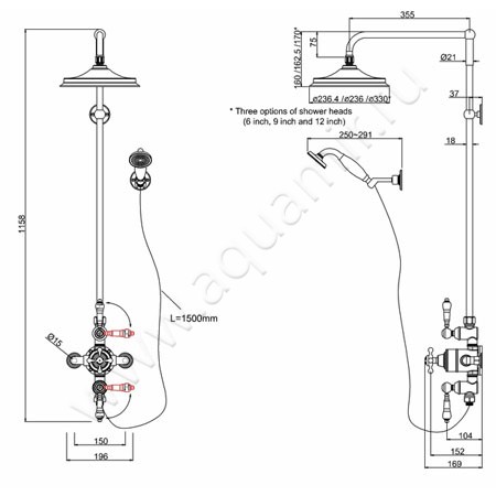 Душевой гарнитур Burlington Avon AF3S размеры