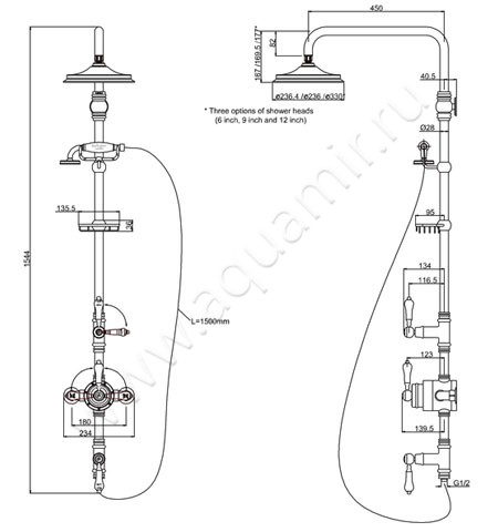 Душевой гарнитур Burlington Stour BF3S размеры