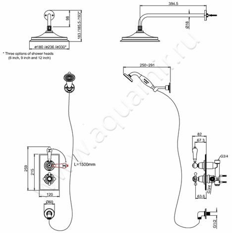 Душевой гарнитур Burlington Trent TF2S размеры