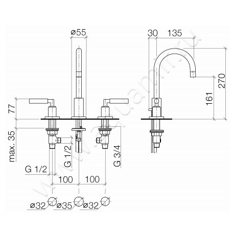 Смеситель для раковины Dornbracht TARA 20710882-08 размеры