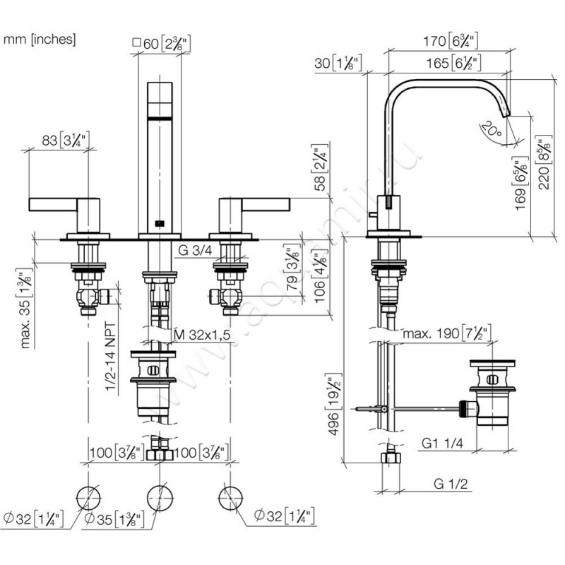 Смеситель для раковины Dornbracht IMO 20713670-00 размеры