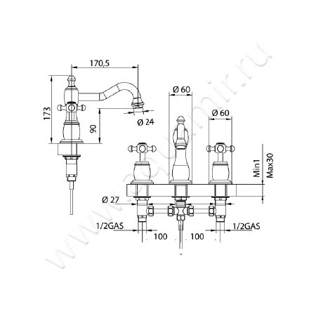 Смеситель для раковины Bandini Antica 540.920 ORO размеры