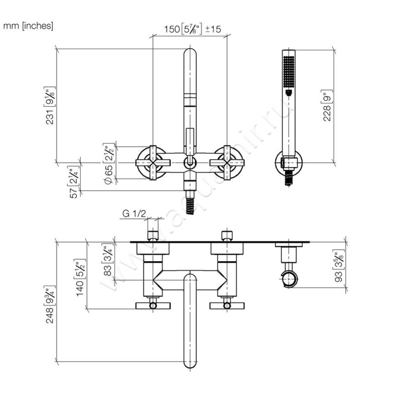 Смеситель для ванны Dornbracht TARA 25133892-06 размеры