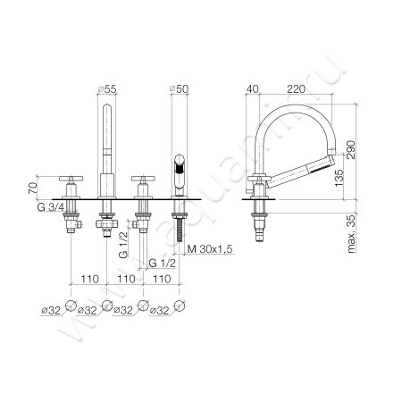 Смеситель для ванны Dornbracht TARA 27512892-10 размеры