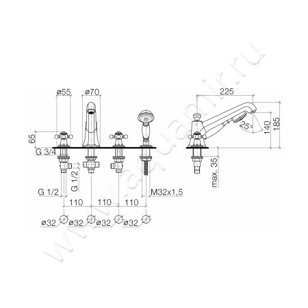 Смеситель для ванны Dornbracht MADISON 27502360-08 размеры
