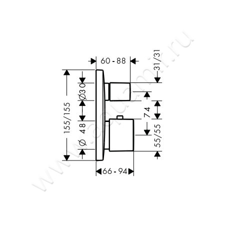 Встраиваемый смеситель для ванны с термостатом Hansgrohe PuraVida 15775400 размеры