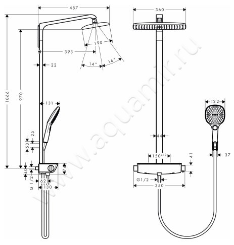 Душевая стойка с термостатом Hansgrohe Raindance Select E 27112400 размеры