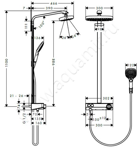 Душевая стойка с термостатом Hansgrohe Raindance Select E 27126400 размеры