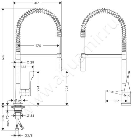 Однорычажный смеситель для кухни Hansgrohe Axor Citterio 39840800 размеры