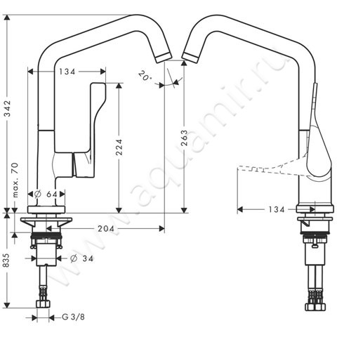 Однорычажный смеситель для кухни Hansgrohe Axor Citterio 39850800 размеры