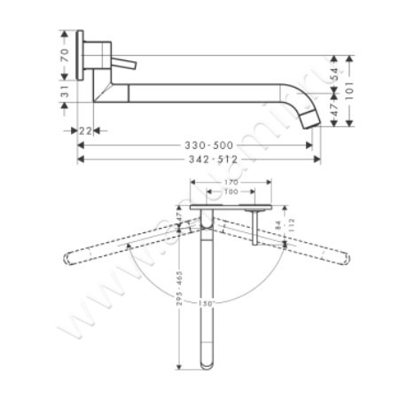 Настенный смеситель для кухни Hansgrohe Axor Uno2 38815800 размеры