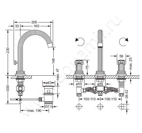 Смеситель для раковины Joerger Aphrodite 607.30.300.040 размеры