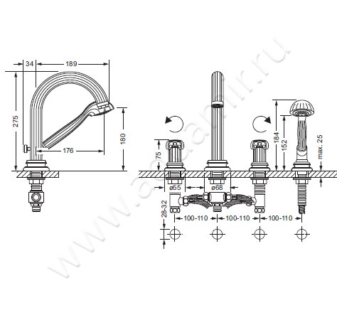 Смеситель для ванны Joerger Aphrodite 607.40.100.020 размеры