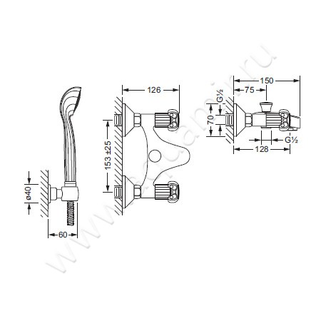 Смеситель для ванны Joerger Aphrodite 607.20.140.065 размеры