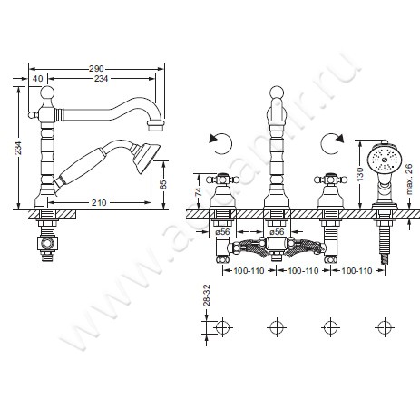 Смеситель для ванны Joerger Delphi 109.40.105.011 размеры