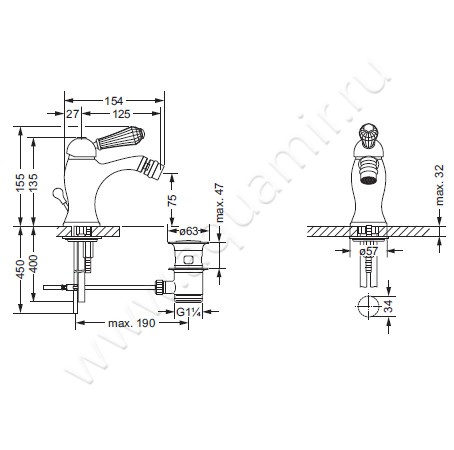 Смеситель для биде Joerger Delphi Deco 129.10.111.040-11 размеры